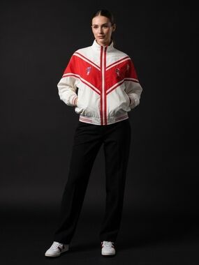 Vintage White and Red Colorblocked Zip-Up Women's Golf Jacket Small
